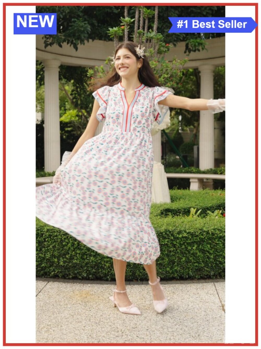 Womens Floral Midi Dress Cap Sleeve V Neck Sundress - Picture 6 of 6